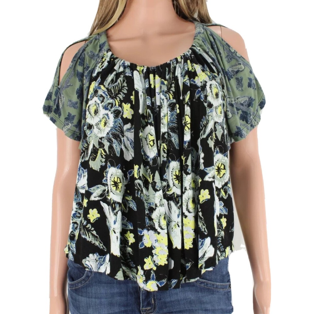 Free People Peasant Swing‎ Top size S Floral Open Cold Shoulder Short Sleeve